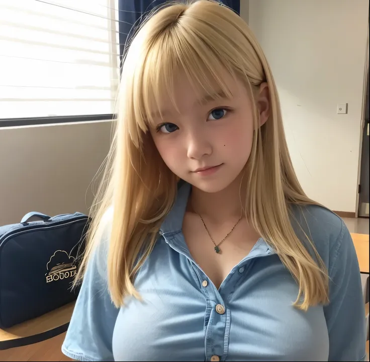 junior high school student,blonde hair,big breasts