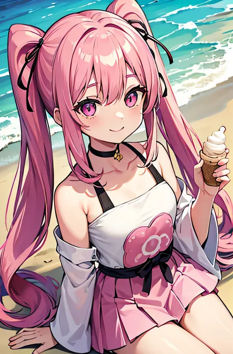  long pink hair， with double ponytails on both sides ，Pink eyes， big eyes， pretty eyes，Double eyelids， wearing a beautiful Japanese swimsuit at the beach，Holding ice cream in one hand ，Smile