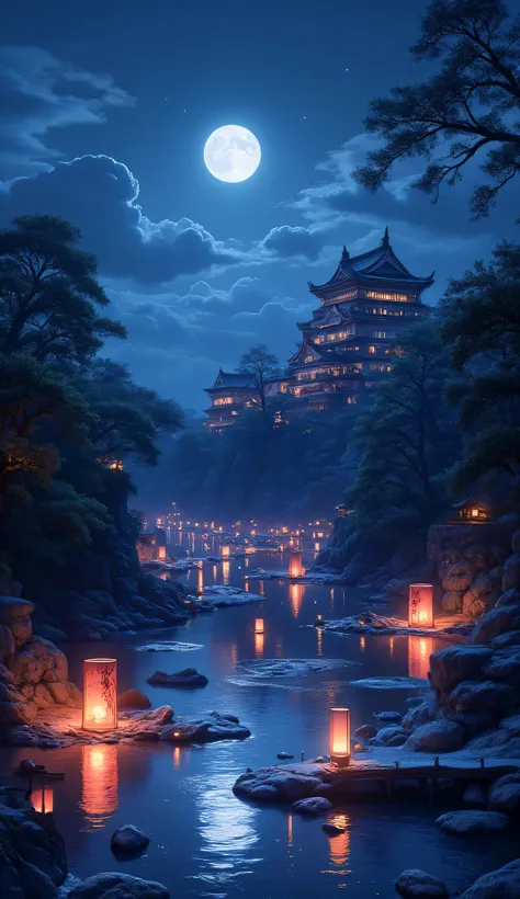 there is a river in the night there are floating lanterns, lanterns in many colors,  in its water, the moon is in the sky, refle...