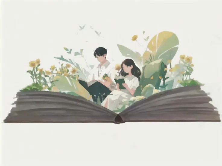 illustration of a couple reading a book in the middle of a flower field,  book illustration , detailed  book illustration ,  ful...