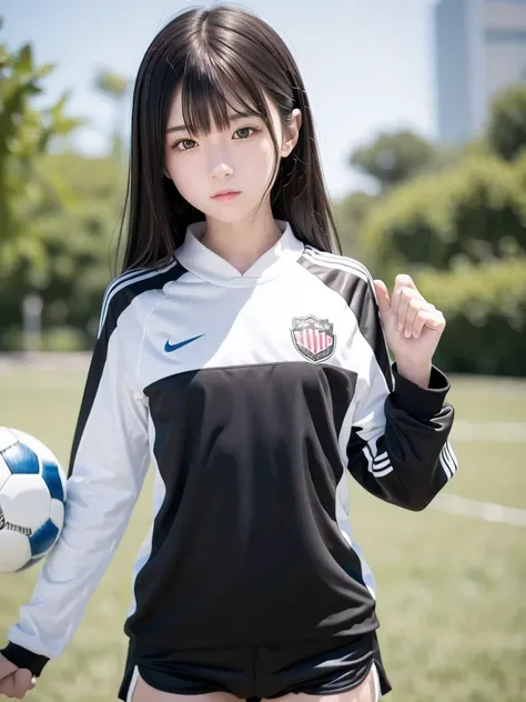 1 girl, Alone, Slender body, flat chest, (Black Hair), perfect face, cool girl , Teen , soccer, soccer uniform