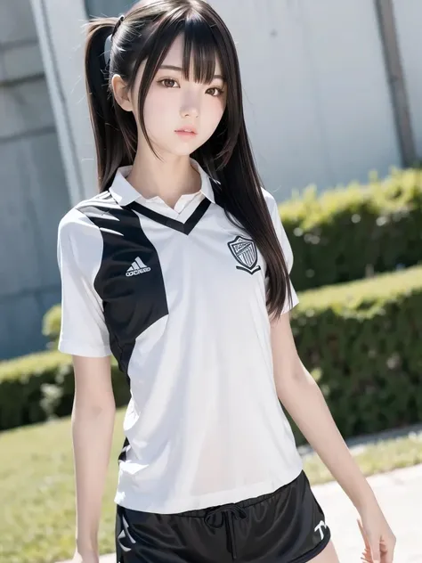  1 girl, Alone, Slender body,  flat chest, (Black Hair),  perfect face,  cool girl , Teen ,  soccer,  soccer uniform