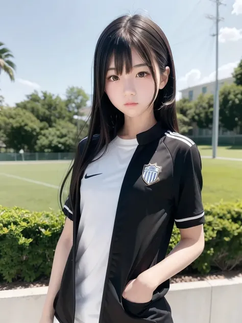  1 girl, Alone, Slender body,  flat chest, (Black Hair),  perfect face,  cool girl , Teen ,  soccer,  soccer uniform