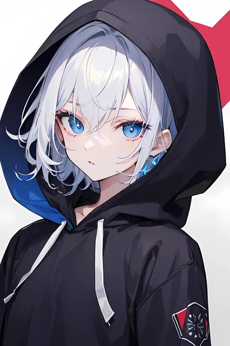 ((Best Quality)), ((masterpiece)), (  Details),Blue eyes,Eyes are jewels, black hooded hoodie,Hair is blue,One boy