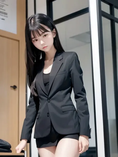 1 girl, ((Alone)), Slender body, flat chest, (Black Hair), perfect face, cool girl , teenager , office,, was wearing a black business suit,