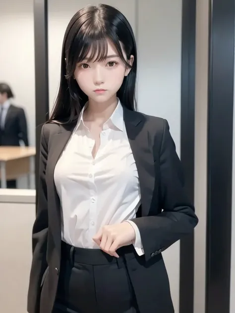 1 girl, ((Alone)), Slender body, flat chest, (Black Hair), perfect face, cool girl , teenager , office,, was wearing a black business suit,