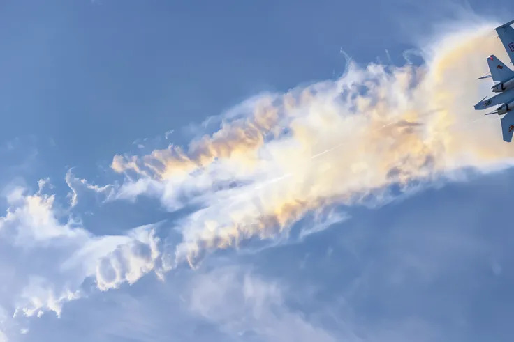  with a cloud trail, smoke trail, blurry plume smoke at background, twirling cloud trail after airplane, realistic photo