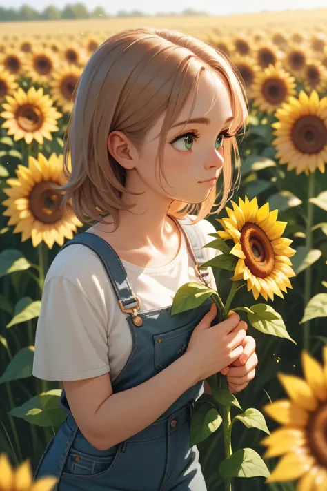 A cute girl in a field of sunflowers