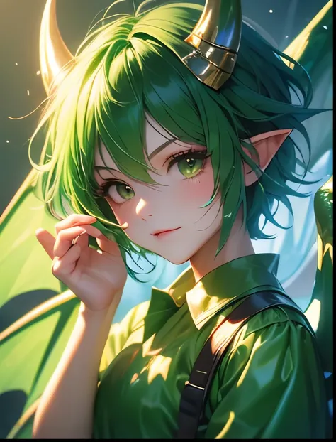 （（（ＳＦＷ、Precision、Highest quality、A first-class masterpiece、Normal body、8k、  Detailed Face 、Ultra-precision、 Normal hand、５refer to、Highest）））、Draco（Puyo Puyo）、Draco （Puyo Puyo）、adult、Green short hair、 Beautiful Girl、Dragon wings