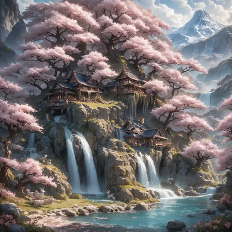  a beautiful house with cherry blossoms by the waterfall. against the background of the mountain and the valley .  Alien animals are grazing . magic（（（atmosphere of horror）））（（（​masterpiece）））， （（ best quality））， （（ intricate details ））， （（Surrealism））（8 k...