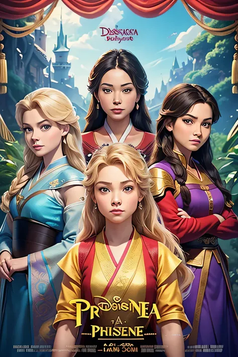 Make a movie poster, theater poster four princesses in Disney style. High quality, DIRECTION, DISNEY. Four characters in full growth. Mulan. Jasmine. Elsa. Rapunzel. Slavic faces, as similar as possible to Disney cartoons. Clothes as in the Disney cartoon