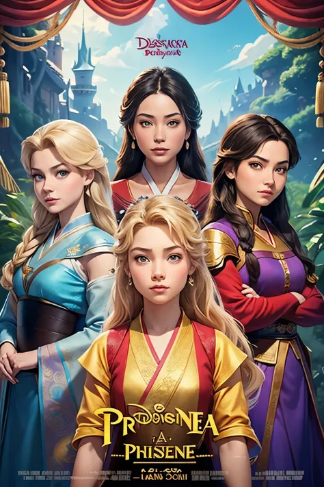 Make a movie poster, theater poster four princesses in Disney style. High quality, DIRECTION, DISNEY. Four characters in full growth. Mulan. Jasmine. Elsa. Rapunzel. Slavic faces, as similar as possible to Disney cartoons. Clothes as in the Disney cartoon