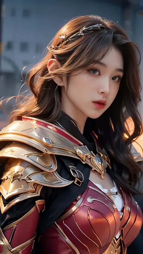 (close up:1.2), Top quality, masterpiece, ultra high definition, Original photo, 1 Girl, ((slim body)), ((wavy sardine)), cinematic lighting, very long hair, detailed eyes, wind, necklace, piercing, ((metallic cosplay)), ((ironic outfit)), ((visible cleava...
