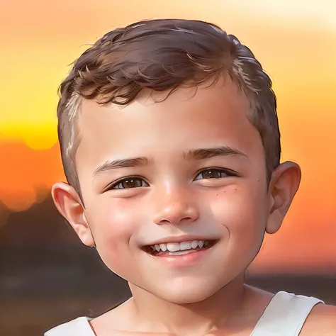 there is a young boy smiling at the camera with a sunset in the background, Niño híbrido, portrait photo profile photo,  high quality portrait , aykut aydogdu, Foto realista, young cute face, aykut aydogdu zener, young boy, Photorealistic face, perfect fac...