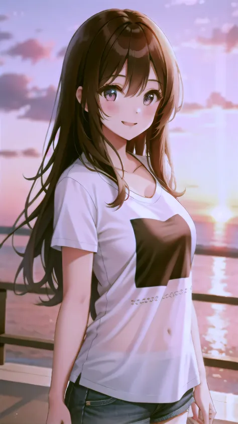  1 girl,  Hi-Res,  simple background, Best Quality,  anatomically correct,  High Definition Model ,  High Details , Long Hair, chest, smile,  motion blur, sunset、T-Shirts、Décolletage、