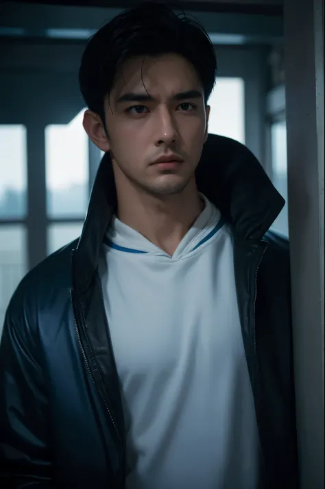 a handsome man wearing a blue jacket, white hoodie, black hair, black eyes, detailed facial features, striking pose, moody lighting, cinematic composition, realistic, photorealistic, masterpiece, 8k, highly detailed, dramatic lighting, brooding expression,...