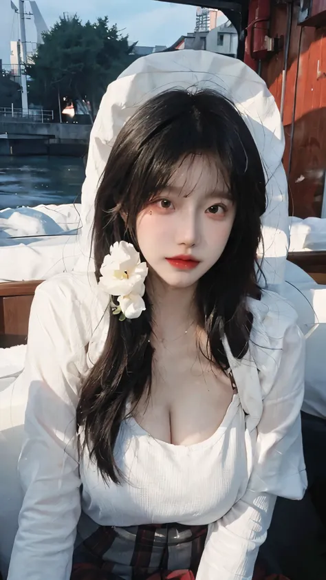  best quality，masterpiece， Ultra High Resolution ，（ Realistically Lying ：1.4），1 Girl，Big wavy hair，Double eyelids ，A pair of peach eyes ， sexy highlights ， snow-white transparent skin， Look directly at the audience ，On the yacht，Beautiful woman with a slen...