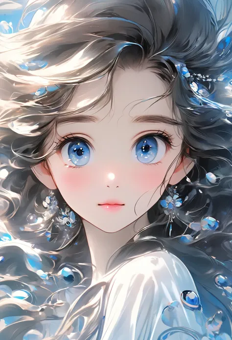 Chinese Girl, Sweet and charming girl,  big eyes, illustration, Long hair, braid,  fluffy hair , forward, Film Angle,  reflective hair , 水汪汪的 big eyes,   Looking at you with blue eyes  ,  facial details , facial Key Points, masterpiece,  best quality, extr...