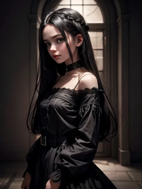 A pre teen  girl with pale skin and long, straight black hair. large and dark eyes , with an intense and enigmatic expression. wearing the orphan movie clothe style, with a more elegant and sophisticated touch, something that matches her mysterious and str...