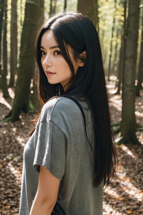 Woman with dark hair walking in the woods