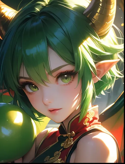 （（（ＳＦＷ、Precision、Highest quality、A first-class masterpiece、Normal body、8k、  Detailed Face 、Ultra-precision、 Normal hand、５refer to、Highest）））、Draco（Puyo Puyo）、Draco （Puyo Puyo）、adult、Green short hair、 Beautiful Girl、Dragon wings、Red Chinese Dress