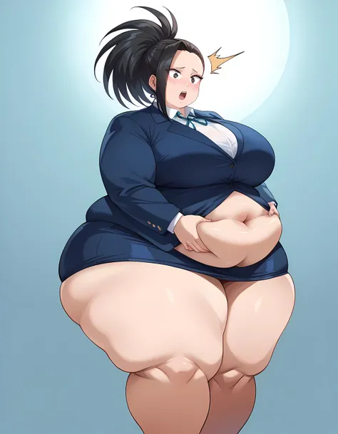 fat body, tall, yaoyorozumomo, black eyes, black hair, ponytail, long hair, hair pulled back, business suit, fat body, wide wais...