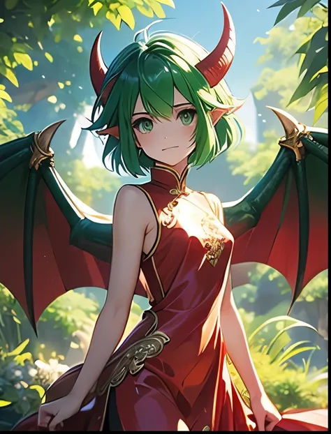 （（（ＳＦＷ、Precision、Highest quality、A first-class masterpiece、Normal body、8k、  Detailed Face 、Ultra-precision、 Normal hand、５refer to、Highest）））、Draco（Puyo Puyo）、Draco （Puyo Puyo）、adult、Green short hair、 Beautiful Girl、Dragon wings、Red Chinese Dress、 slender b...