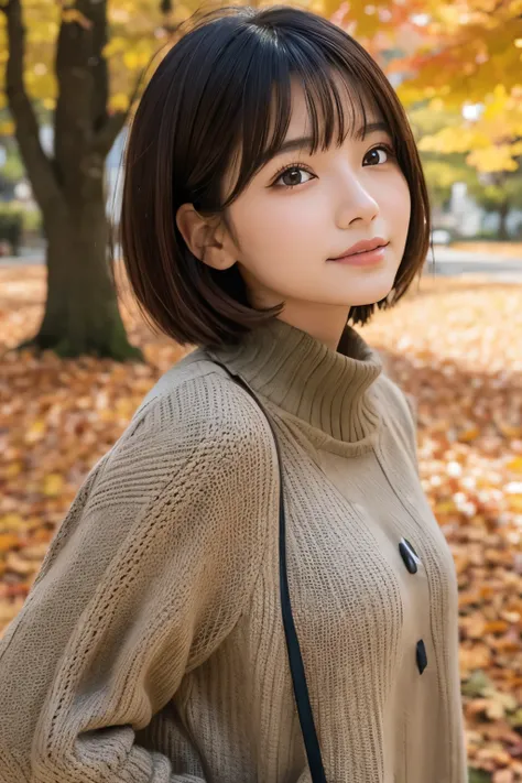 woman、autumn leaves、 face up 、 short hair