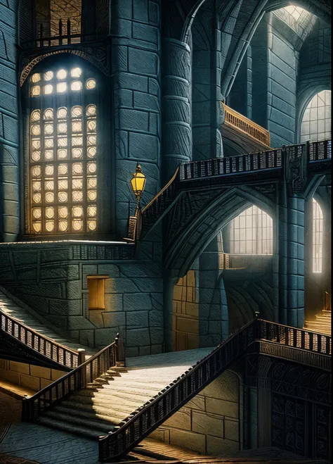 A huge architectural ensemble with passages and staircases built around a titanic tower of huge poorly hewn stone blocks, in the wall of the tower a huge window closed with a lattice.  A dungeon, brightly lit from above, long dark shadows