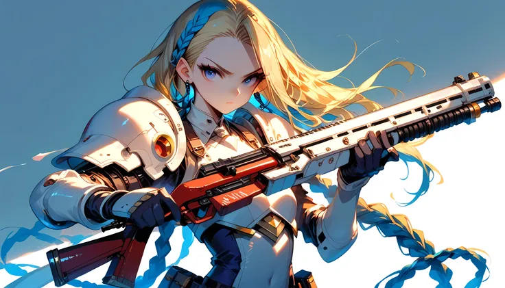 score_9, score_8_up, score_7, a picture of  jinx in a white mech armor holding a massive gun with yellow runes on it, hkstyle