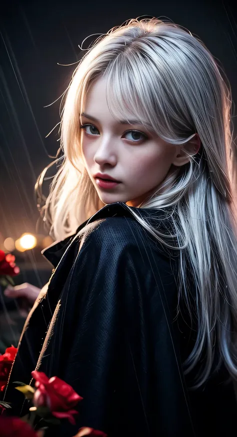 1girl,solo,1girl,solo,((beautiful detailed eyes)), (detailed light),depth of field,(white hair),silver eyes,hair over one eye,(red flower ), hair flower,long hair,black cloak,wet,emotionless,looking back,night,starfall,raining,fog,red flowers falling,sketc...