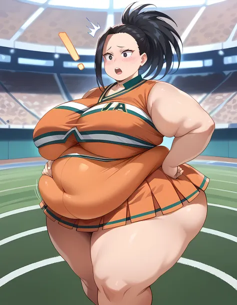 fat body, tall, yaoyorozumomo, black eyes, black hair, ponytail, long hair, hair pulled back, cheerleader costume, fat body, wid...