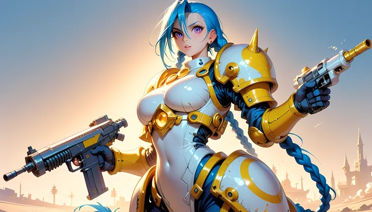 score_9, score_8_up, score_7, a picture of  jinx in a white mech armor holding a massive gun with yellow runes on it, hkstyle