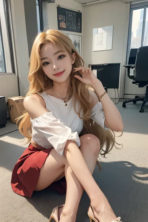 Best Quality、masterpiece、 ultra high resolution、 real、 RAW Photos、 1 girl、 sexy looks、Shoulder hair、 her lower body is curled up and wild ...、モデルのような cute smile、front、 her hair color is blonde 、Red tight mini skirt、Regular high heels、Double Eyes、Im applyin...