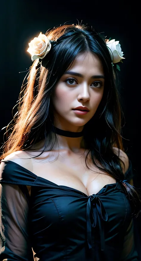 ((masterpiece, best quality)),best aesthetic, Salma Hayek, solo, long hair, black dress, flower, ribbon, black background, black hair, rose, hair ribbon, green eyes, long sleeves, white rose, closed mouth, black ribbon, upper body, cinematic lighting