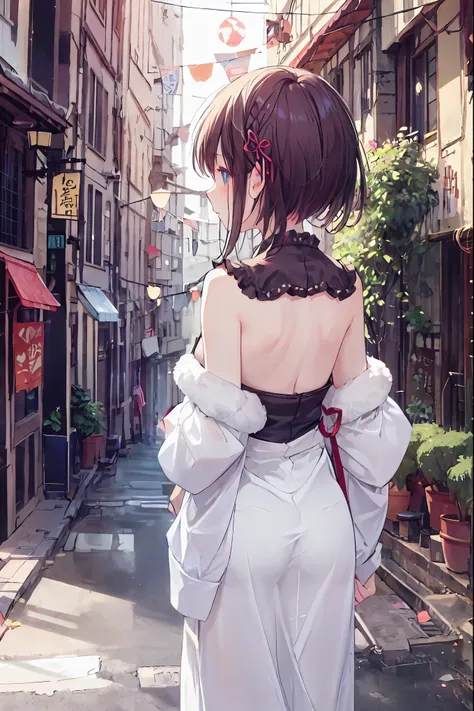  upper body close-up from behind（((masterpiece), On)"" perfect face,  short black hair ,   beautiful eyes , Japanese, Beautiful facial features, she stands lost in thought On a quiet street corner,  Girl gazing into the distance . The background features o...