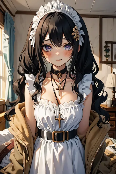 (masterpiece:1.2), (high quality:1.2), girls with(((1girl, solo, black hair, blue eyes, smiling, blush, opened mouth, maid headd...