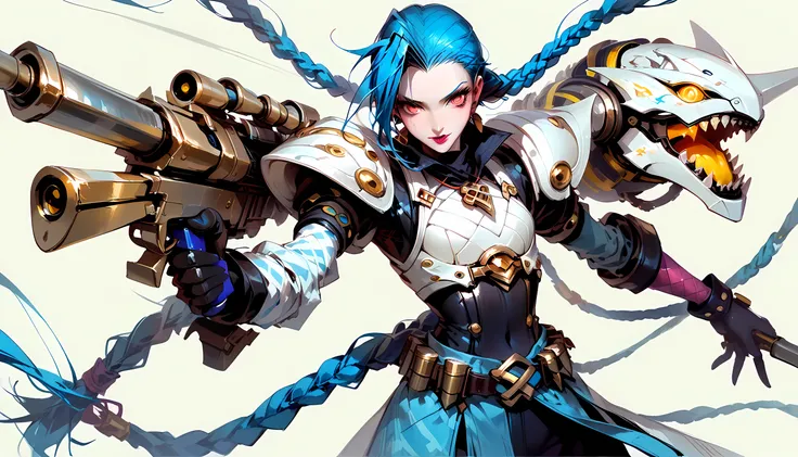 score_9, score_8_up, score_7, a picture of  JInx from League Of Legends in a white mech armor holding a massive gun with yellow runes on it, hkstyle