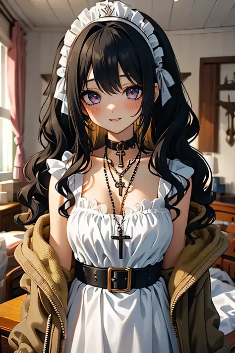 (masterpiece:1.2), (high quality:1.2), girls with(((1girl, solo, black hair, blue eyes, smiling, blush, opened mouth, maid headd...