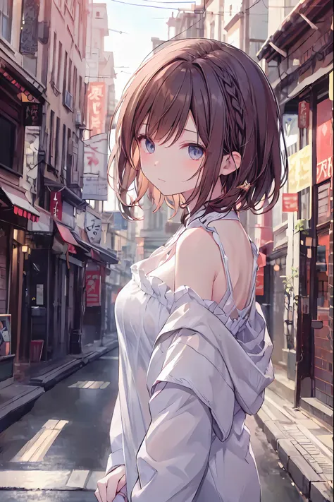  upper body close-up from behind（((masterpiece), On)"" perfect face,  short black hair ,   beautiful eyes , Japanese, Beautiful facial features, she stands lost in thought On a quiet street corner,  Girl gazing into the distance . The background features o...