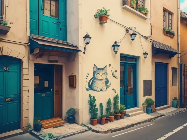 Home　the wall is stone　Cat painting on the wall　Lots of cat pictures 　 illustration style character cat 　 inside is a cafe and you can see the inside from the outside