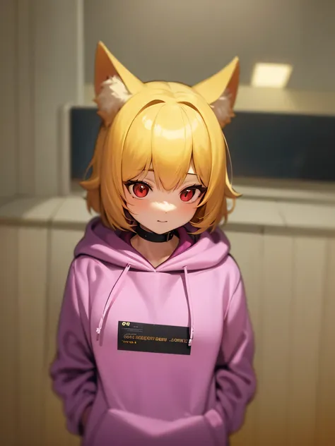  one girl playing pranks,Blonde,Red eyes,Golden cat ears,Best Quality,Character portrait, illustration style,Purple hoodie, Hi-Res, simple background, character design drawing that fits in a frame, Short Hair,whole body