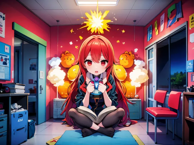 a girl with a beautiful face red eye  in her rainbow room doing her homework with a explosion bomb  in the middle of her room and a mechanical nuclear reactor inside her room