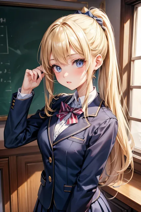 masterpiece,Best Quality, very detailed, Beautiful Girl, teenager, school uniform, navy blue blazer, ponytails, smaller breasts, thin waist,Blonde, perfect eyes, very cute