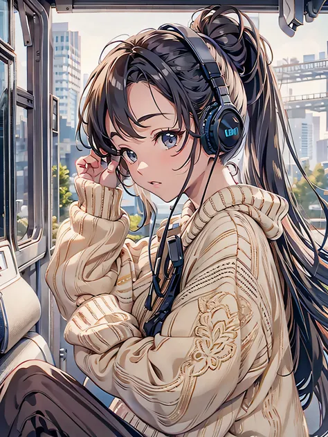 Best quality, masterpiece, ultra high res, (beautiful anime woman, beautiful black eyes, beautiful face, pretty, wearing earphones), black ponytail hairstyle, (visually satisfying scenery landscape background, extremely detailed background), (beige colored...