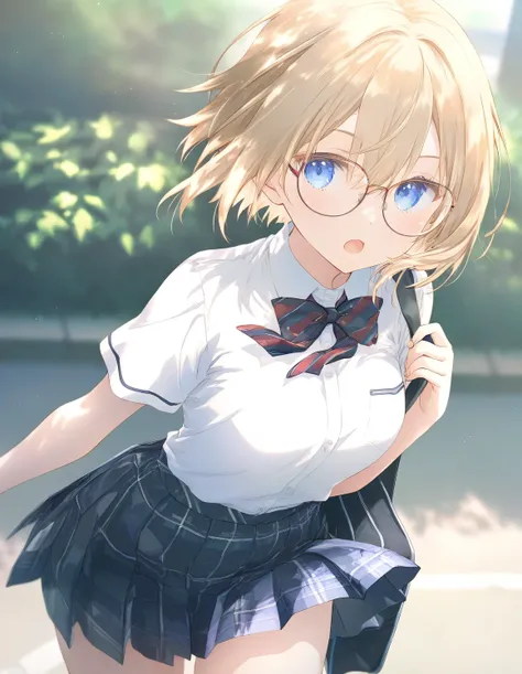 1girl, little female, school uniform, short hair, beautiful breasts, glasses, jitome, open mouth, outdoors,wind, game CG break,((artist:shida_kazuhiro)),(artist:mitsumi_misato),(artist:fujiyama),,(masterpiece), (best quality), (ultra-detailed), very aesthe...