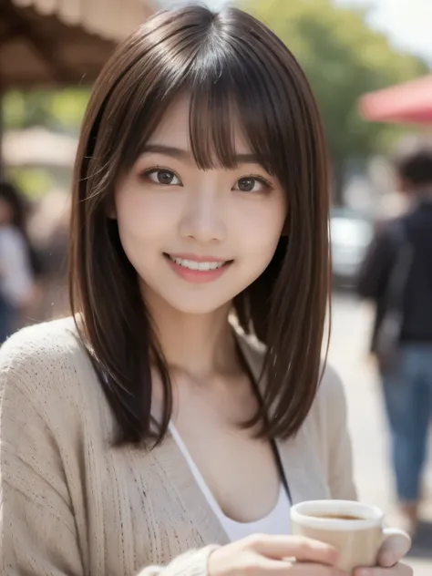 8k、Best Quality、Ultra Wide Angle Monofocal Lens  、(Representative Works:1.2)、( Genuine)、( Genuine:1.37)、  one high school girl、  shake hands with a big smile on your face、  beautiful alignment of teeth 、Well-formed fingers、Thinner eyebrows 、 at the coffee ...