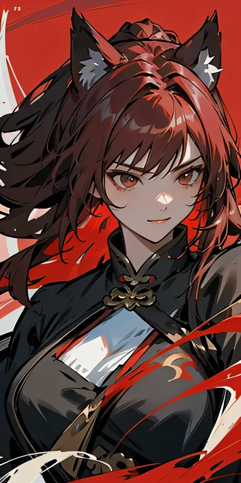 medium close up portrait of a warrior woman with dark maroon hair and dark red cat ears, dark redcat ears, fluffy cat ears, loose black tie, battle-worn red clothing, gold lining, her hair is blown in her face, strands of hair cross her face, maniacal smil...