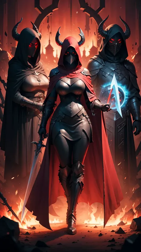 Curvy Woman Death Knight, hooded cloak, plate armor, (in hell dark red background), big one sword, prays pose, big hips, big breasts, (futuristic mask helmet), ultra details 