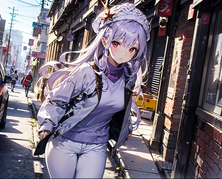 (Approaching:1.3),Realistic,Best Quality, Super detailed, High-quality CG rendering,  THE MOST DELICATE AND BEAUTIFUL ,  Hi-Res, ( 1 girl), (Best Quality,4K,8k,masterpiece:1.2), ( light purple hair :1.5),(Pretty long hair:1.5),(Red eyes:1.5),(pure white sw...